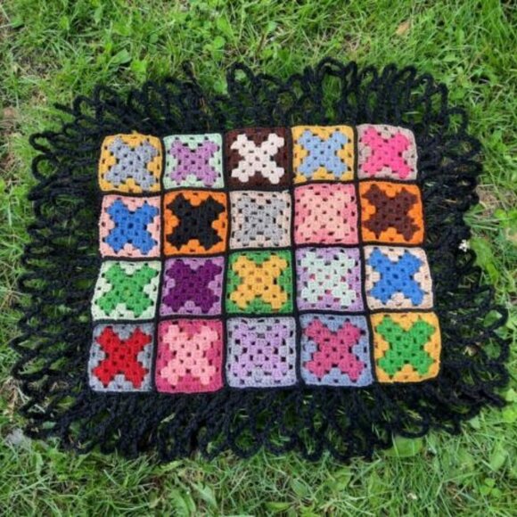 Crochet Granny Square Pillow Case Cover 15" X 12" Black Looped Fringe Boho Retro - Picture 1 of 10
